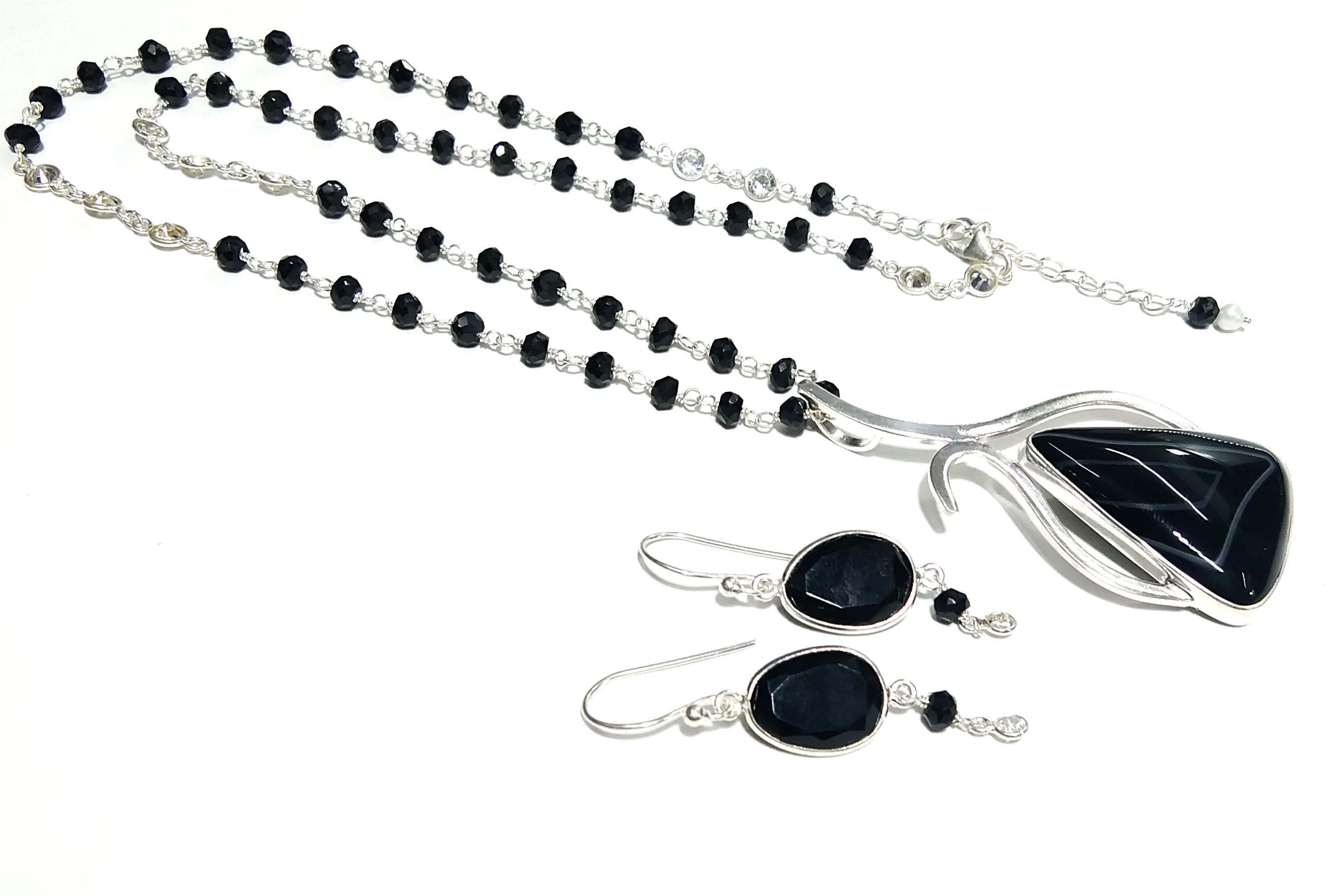 Black Banded Agate Necklace & Earring Set, Solid 925 Sterling Silver Necklace, Beautiful Design Necklace Jewelry Gift Birthstone